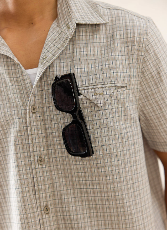 Percival Hinsley Boxy Short Sleeve Shirt in cream check cotton, detailed with a signature embroidered key on the pocket.