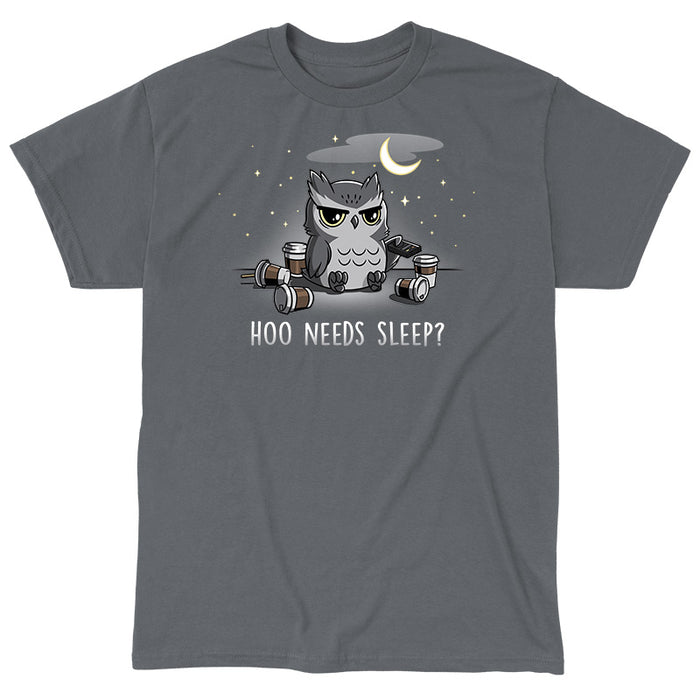 Classic Cotton T-shirt_Teeturtle Hoo Needs Sleep? charcoal gray t-shirt featuring an owl sitting with coffee cups and a TV remote, under a night sky with stars and a crescent moon. The text below reads "Hoo Needs Sleep?"