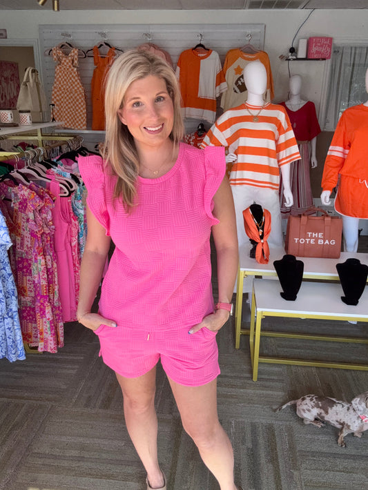 Hot Pink Ruffle Sleeve Hatch Embossed Set