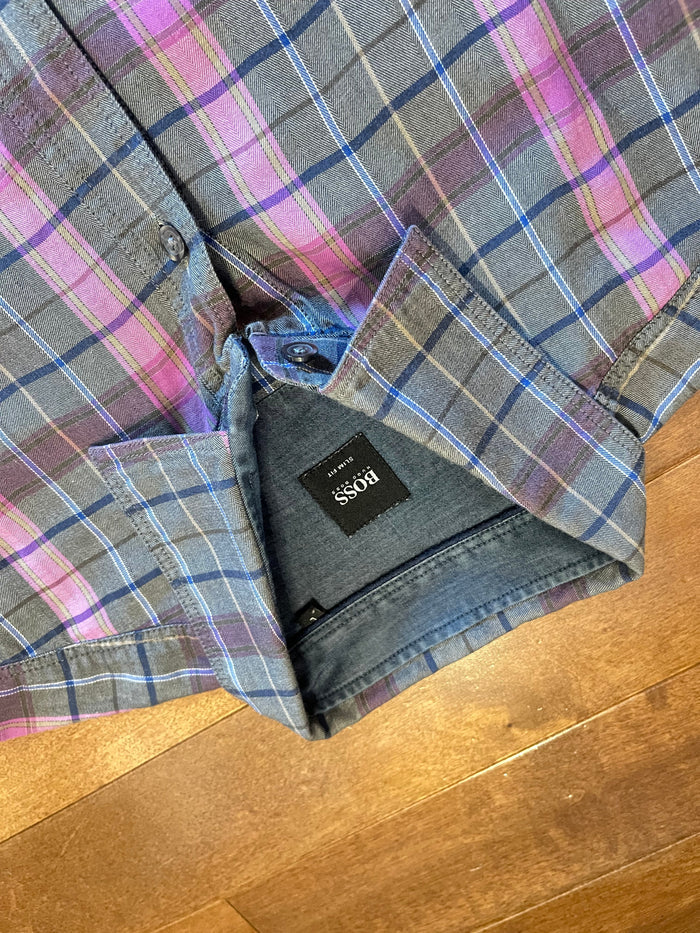 Hugo Boss Slim Fit Plaid Shirt – Grey / Purple Check (Pre-owned)