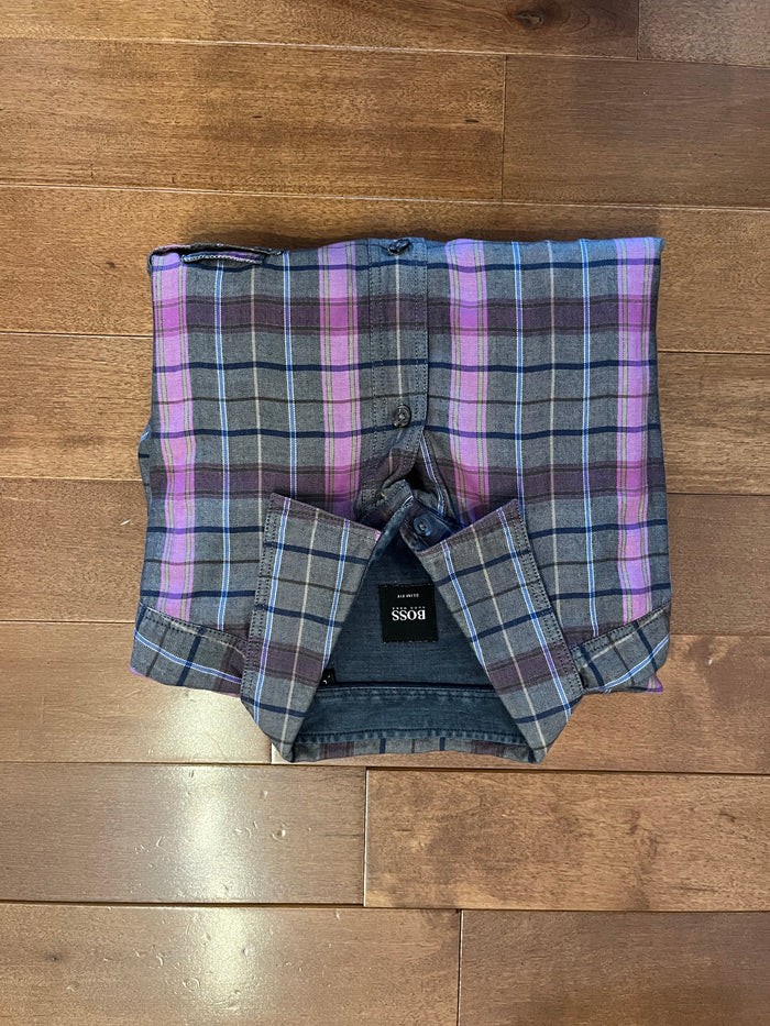 Hugo Boss Slim Fit Plaid Shirt – Grey / Purple Check (Pre-owned)