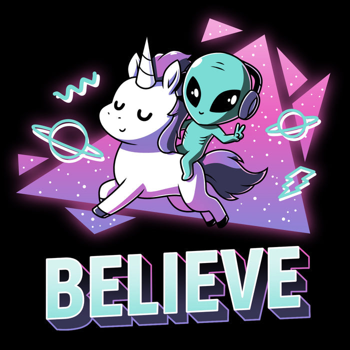 Premium Cotton T-shirt_TeeTurtle black I Believe apparel featuring an alien with headphones on riding a unicorn with a geometric neon 90’s background. Caption says, "BELEIVE".