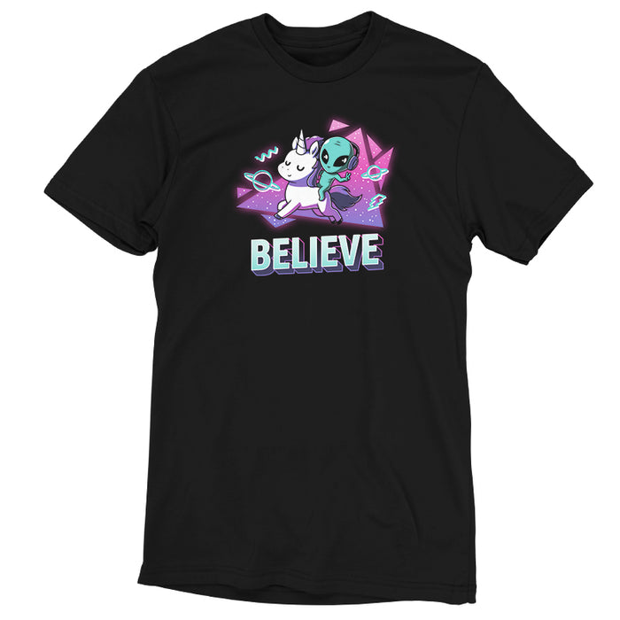 Premium Cotton T-shirt_TeeTurtle black I Believe apparel featuring an alien with headphones on riding a unicorn with a geometric neon 90’s background. Caption says, "BELEIVE".