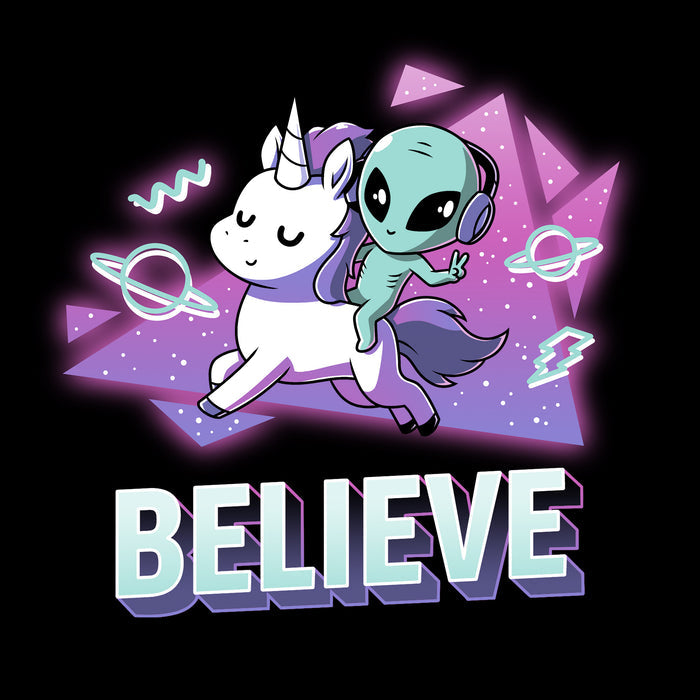 Classic Cotton T-shirt_TeeTurtle black I Believe apparel featuring an alien with headphones on riding a unicorn with a geometric neon 90’s background. Caption says, "BELEIVE".