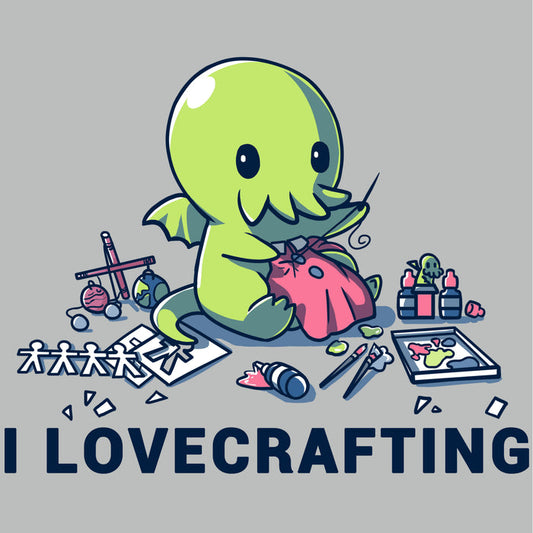 Premium Cotton T-shirt_TeeTurtle silver gray I Lovecrafting. Featuring Cthulhu sewing, and surrounded by crafting materials.