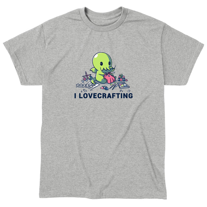 Classic Cotton T-shirt_TeeTurtle heather gray I Lovecrafting. Featuring Cthulhu sewing, and surrounded by crafting materials.