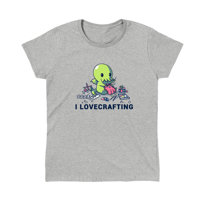 Classic Cotton T-shirt_TeeTurtle heather gray I Lovecrafting. Featuring Cthulhu sewing, and surrounded by crafting materials.