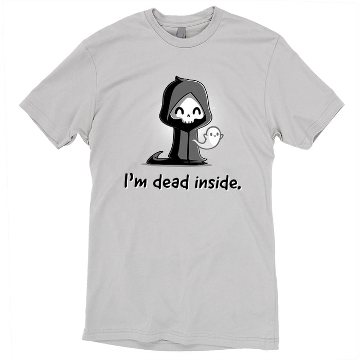 Premium Cotton T-shirt_A cartoon grim reaper, smiling, with a ghost on its right, graces the front of this super soft cotton monsterdigital "I'm Dead Inside" apparel.