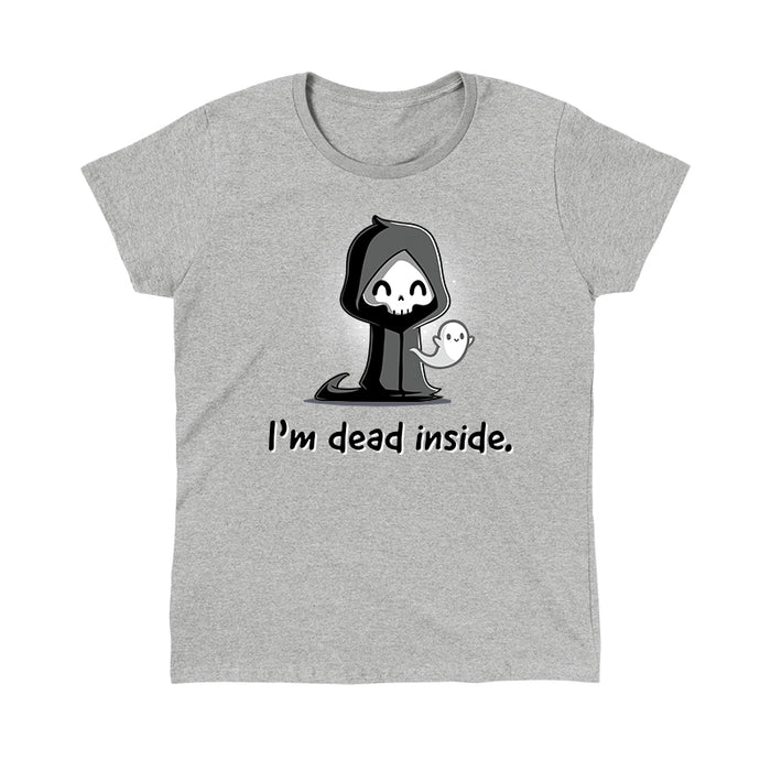 Classic Cotton T-shirt_A cartoon grim reaper, smiling, with a ghost on its right, graces the front of this super soft cotton monsterdigital "I'm Dead Inside" apparel.