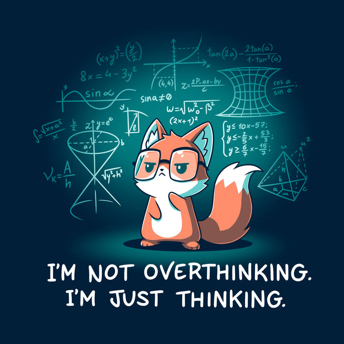 Long Sleeve T-shirt_TeeTurtle navy blue I'm Just Thinking. Featuring a thinking fox with glasses surrounded by mathematical equations.