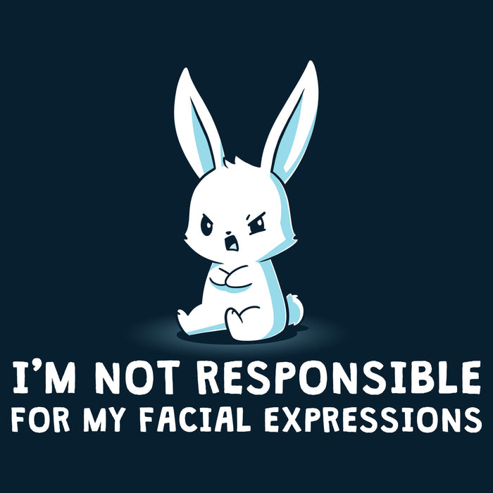 Premium Cotton T-shirt_TeeTurtle navy blue Facial Expressions apparel featuring a cartoon bunny with a grumpy face sits with crossed arms, text below reads "I'M NOT RESPONSIBLE FOR MY FACIAL EXPRESSIONS."