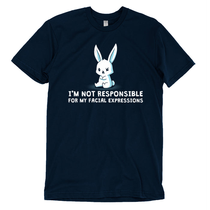 Premium Cotton T-shirt_TeeTurtle navy blue Facial Expressions apparel featuring a cartoon bunny with a grumpy face sits with crossed arms, text below reads "I'M NOT RESPONSIBLE FOR MY FACIAL EXPRESSIONS."