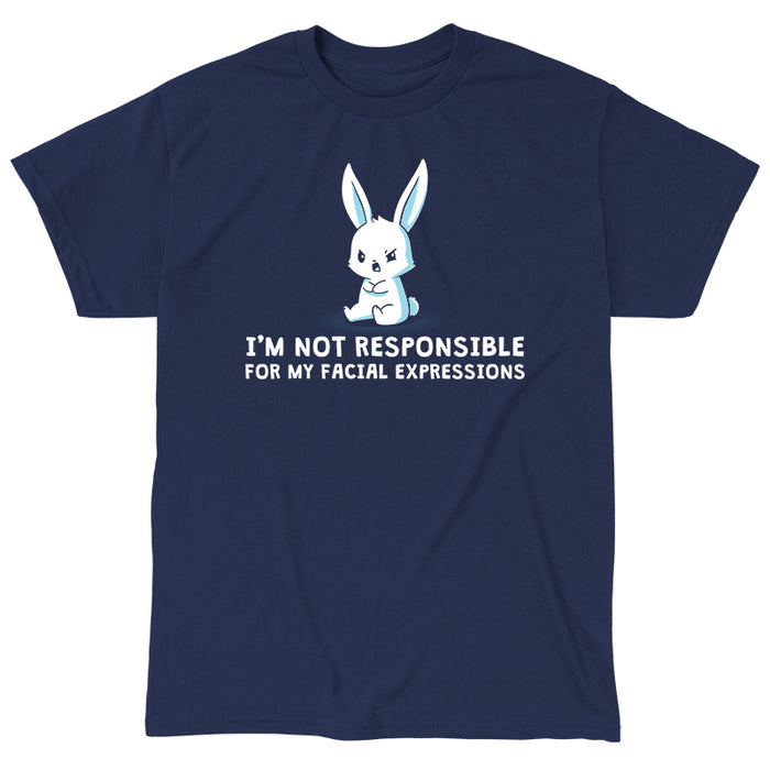 Classic Cotton T-shirt_TeeTurtle navy blue Facial Expressions apparel featuring a cartoon bunny with a grumpy face sits with crossed arms, text below reads "I'M NOT RESPONSIBLE FOR MY FACIAL EXPRESSIONS."