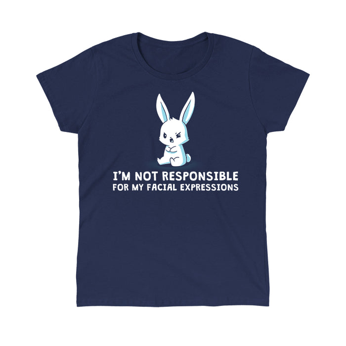 Classic Cotton T-shirt_TeeTurtle navy blue Facial Expressions apparel featuring a cartoon bunny with a grumpy face sits with crossed arms, text below reads "I'M NOT RESPONSIBLE FOR MY FACIAL EXPRESSIONS."