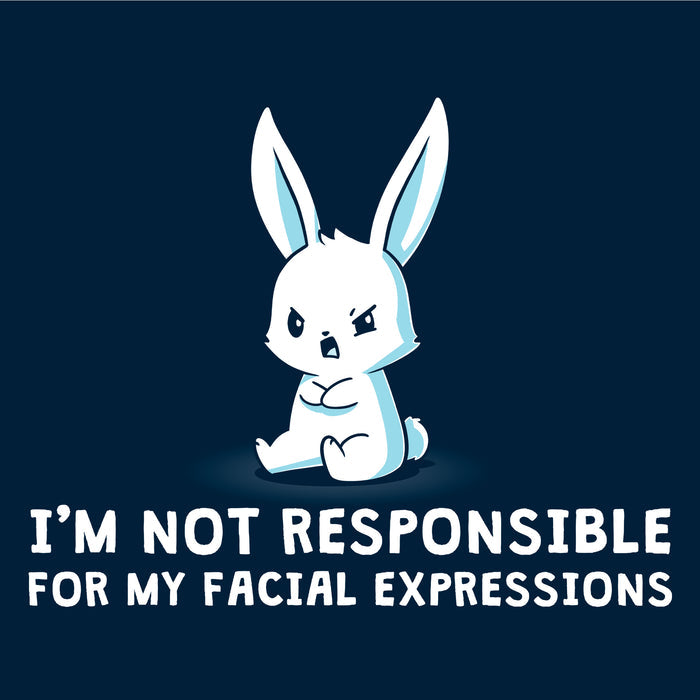 Long Sleeve T-shirt_TeeTurtle navy blue Facial Expressions apparel featuring a cartoon bunny with a grumpy face sits with crossed arms, text below reads "I'M NOT RESPONSIBLE FOR MY FACIAL EXPRESSIONS."