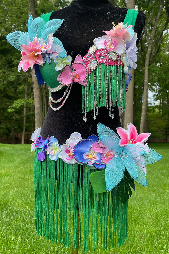 Tropical Hawaiian Hula Island Girl Orchid Flower Bra and Fringe Skirt