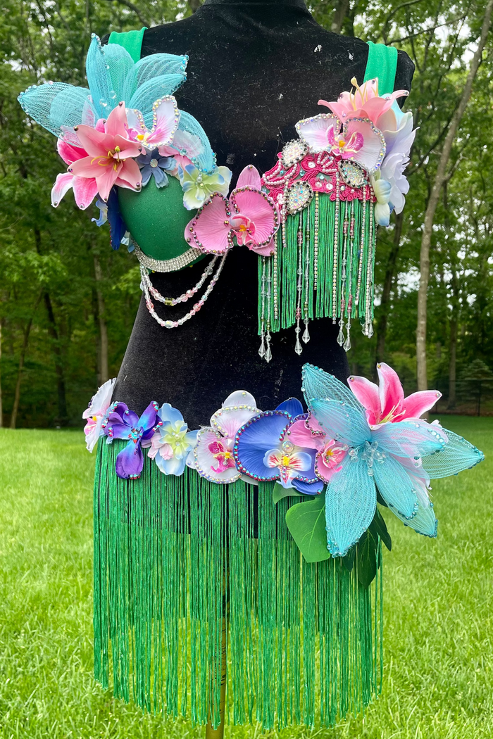 Tropical Hawaiian Hula Island Girl Orchid Flower Bra and Fringe Skirt