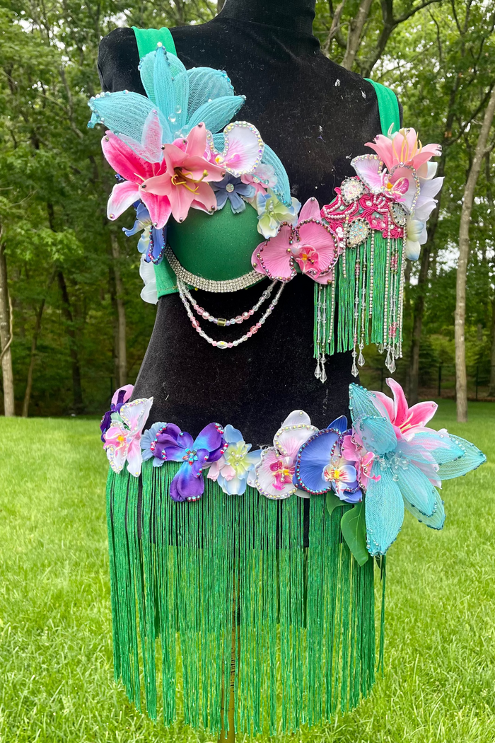 Tropical Hawaiian Hula Island Girl Orchid Flower Bra and Fringe Skirt