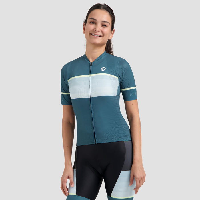 Rogelli Impress II fietsshirt dames blauw korte mouw gedragen voorkant.