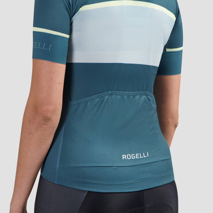 Detail van Rogelli Impress II fietsshirt dames blauw korte mouw met achterzakken.