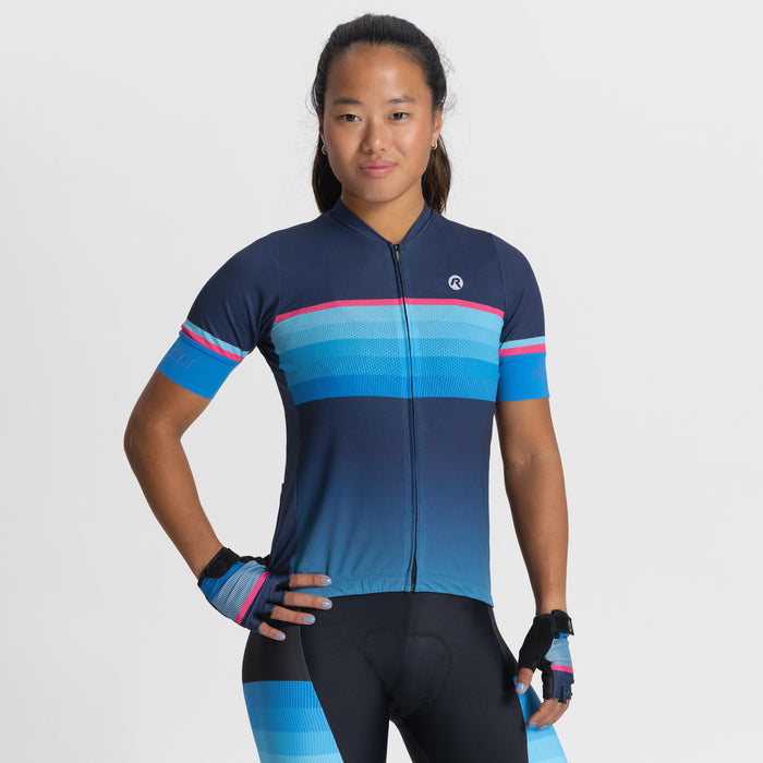 Rogelli Impress II fietsshirt dames blauw en roze korte mouw gedragen voorkant.
