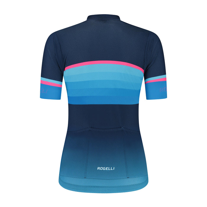 Rogelli Impress II fietsshirt dames blauw en roze korte mouw achterkant.