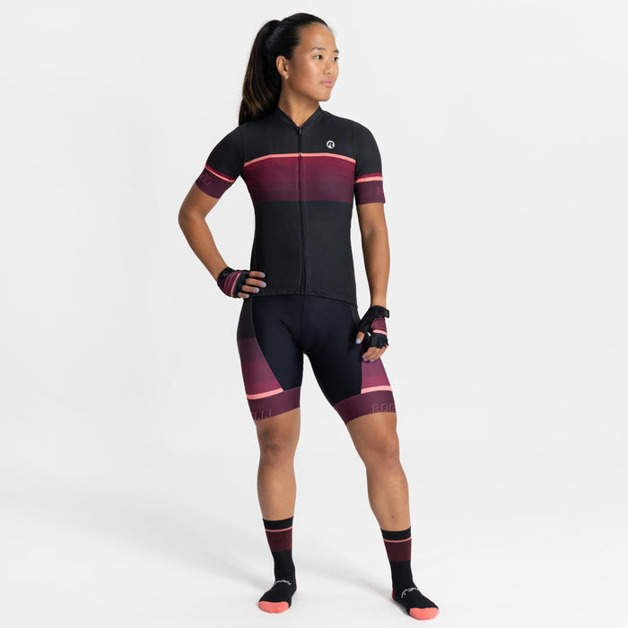 Rogelli Impress II fietsshirt dames bordeaux korte mouw gedragen totaalshot.