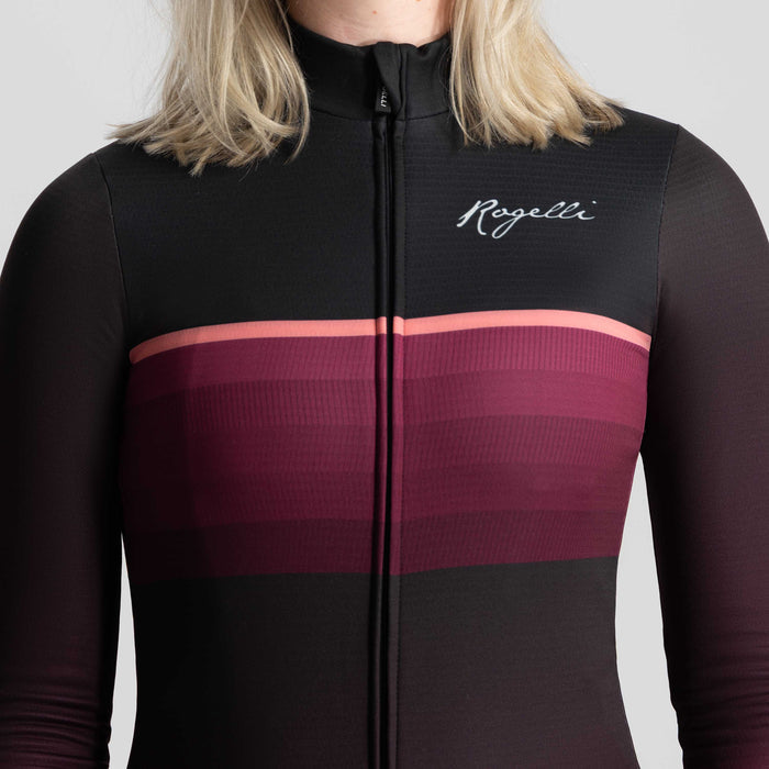 Detail van Rogelli Impress II fietsshirt dames bordeaux lange mouw voorkant.