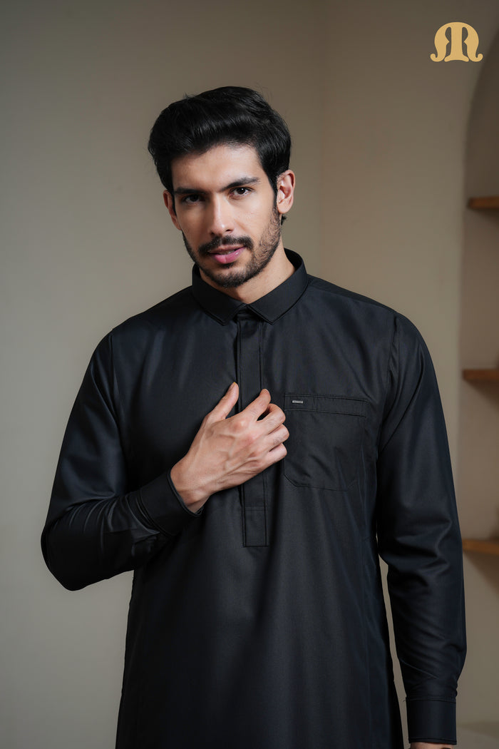 Iraf Embroidered Qatari Black Thobe Mens