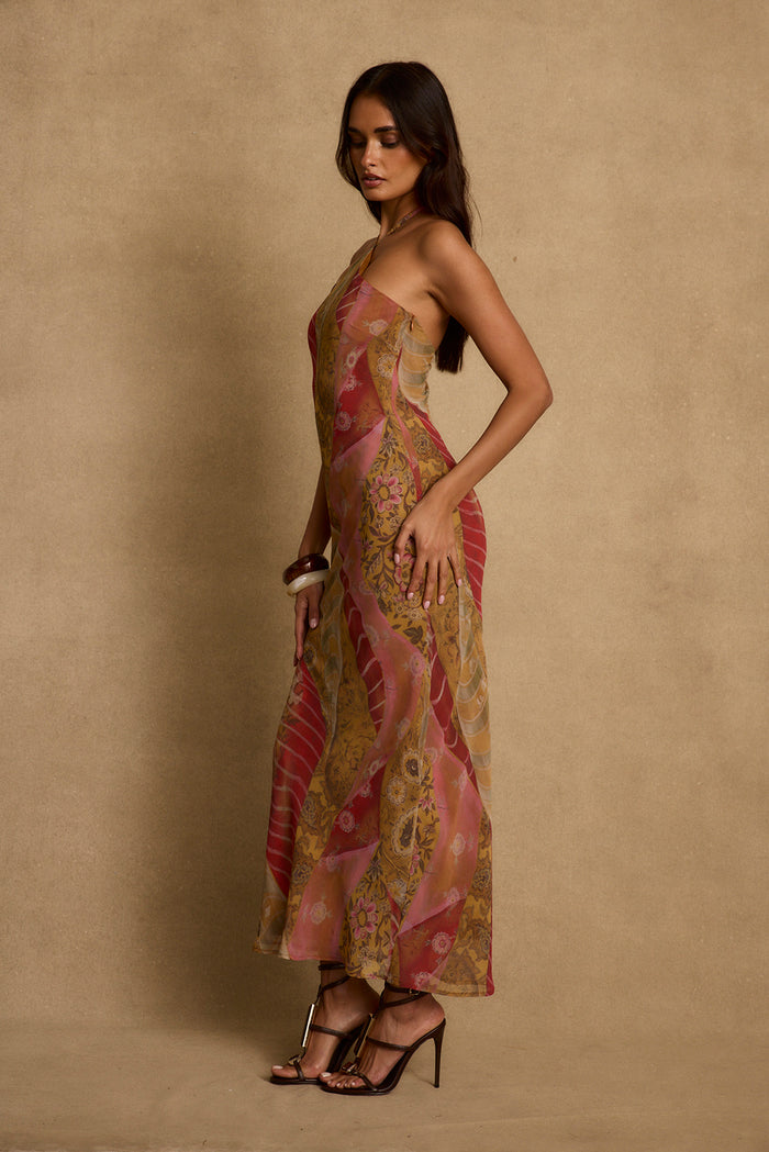 Side view of the Isabella halter maxi dress, pink and gold patchwork chiffon resort dress.
