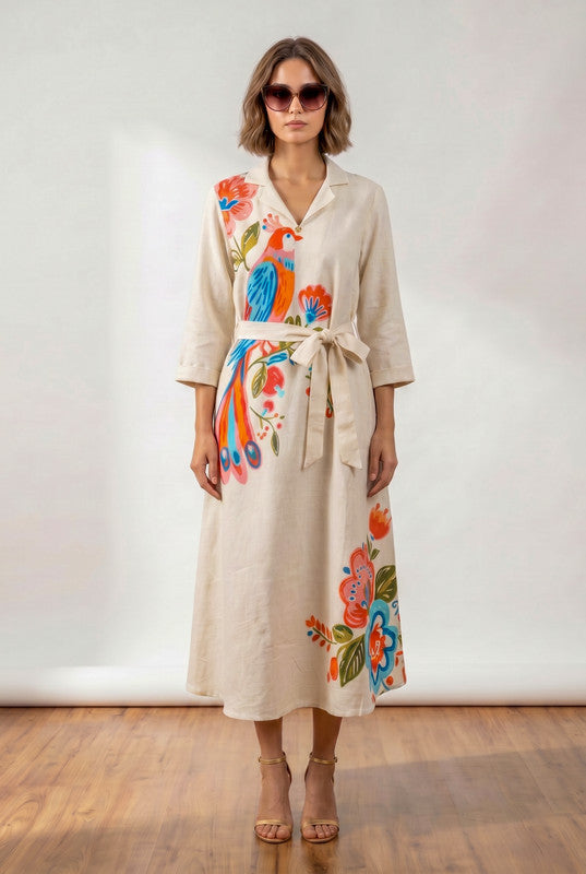 Off-White Bird & Floral Printed Tie-Up Waist A-Line Cotton Flex Midi Dress
