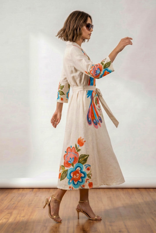 Off-White Bird & Floral Printed Tie-Up Waist A-Line Cotton Flex Midi Dress