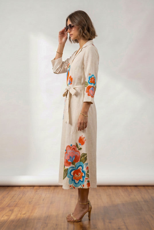 Off-White Bird & Floral Printed Tie-Up Waist A-Line Cotton Flex Midi Dress