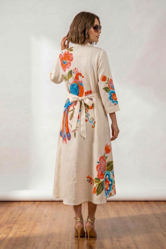 Off-White Bird & Floral Printed Tie-Up Waist A-Line Cotton Flex Midi Dress