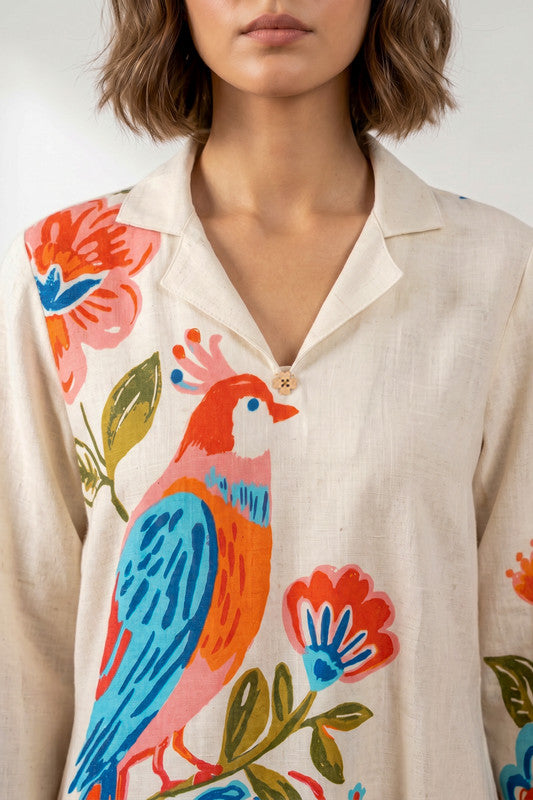 Off-White Bird & Floral Printed Tie-Up Waist A-Line Cotton Flex Midi Dress