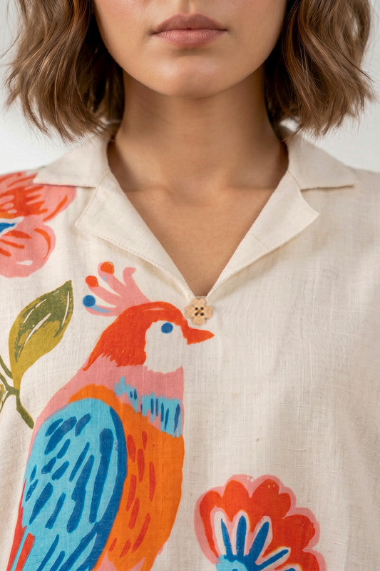 Off-White Bird & Floral Printed Tie-Up Waist A-Line Cotton Flex Midi Dress