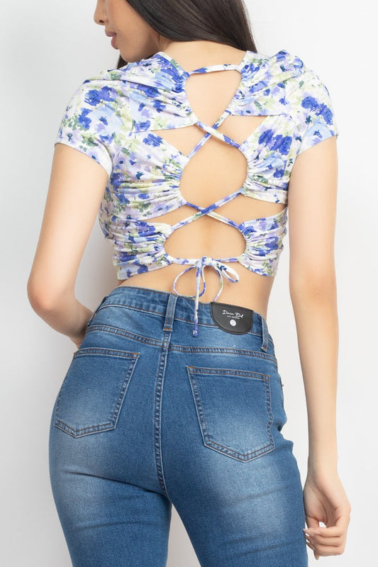 Ivory/Blue Cross Back Floral Crop Top