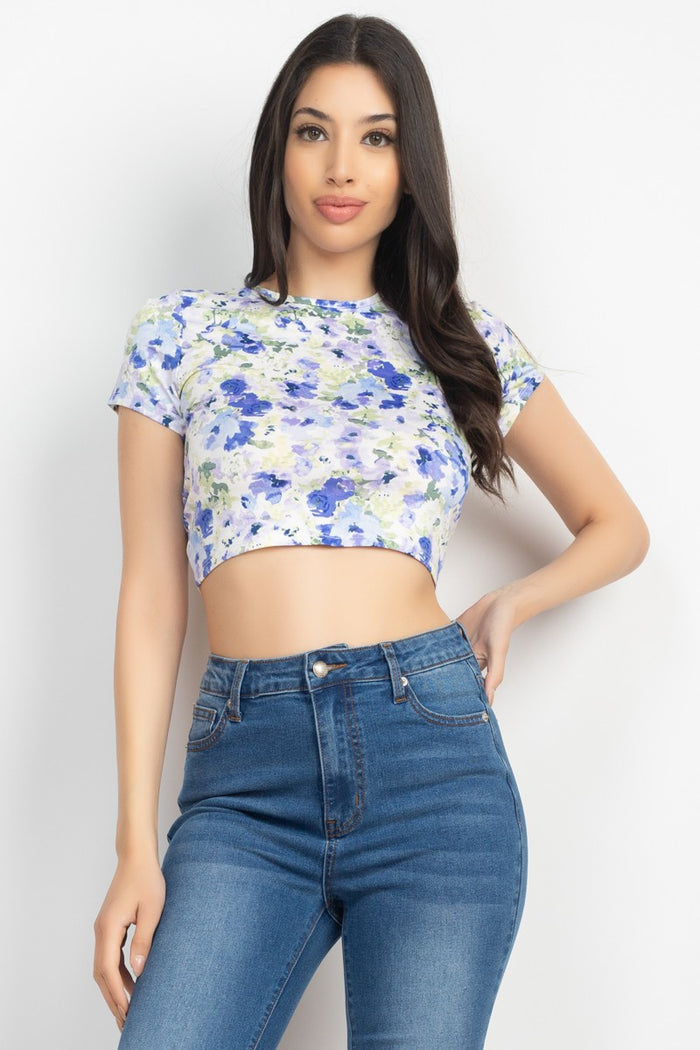 Ivory/Blue Cross Back Floral Crop Top