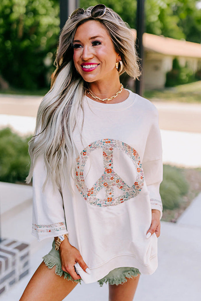Jet Stream Floral Peace Sign Graphic Drop Shoulder Wide Sleeve Casual Top - Tops/Long Tops