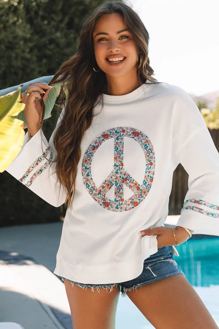 Jet Stream Floral Peace Sign Graphic Drop Shoulder Wide Sleeve Casual Top - Tops/Long Tops