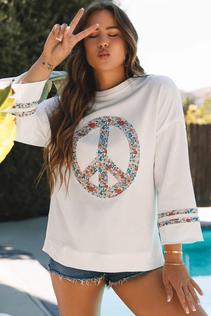 Jet Stream Floral Peace Sign Graphic Drop Shoulder Wide Sleeve Casual Top - Tops/Long Tops