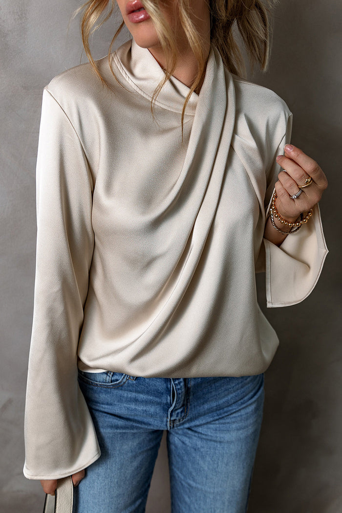 Jet Stream Satin Cross Front Slit Back Blouse - JET STREAM / S / 100% POLYESTER - Tops/Blouses & Shirts