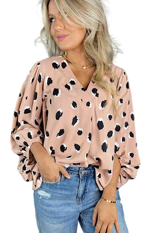 Khaki Classic Leopard V-Neck Bracelet Sleeve Blouse