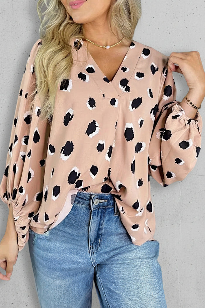 Khaki Classic Leopard V Neck Bracelet Sleeve Blouse - KHAKI / S / 100% POLYESTER - Tops/Blouses & Shirts