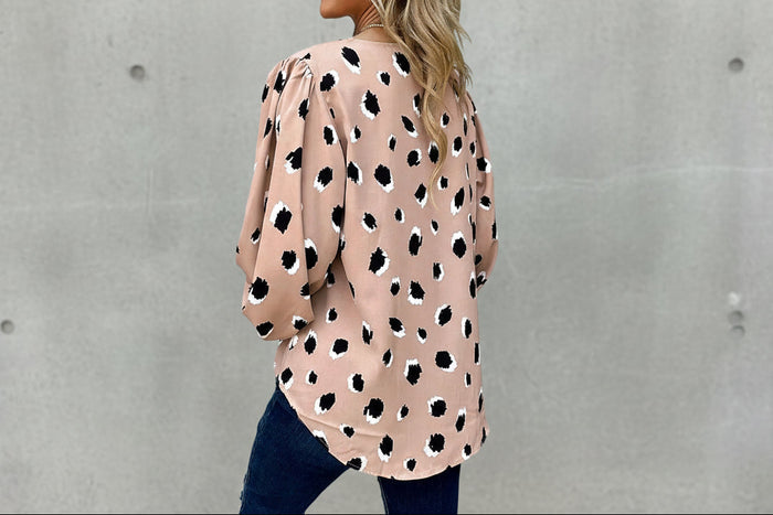 Khaki Classic Leopard V Neck Bracelet Sleeve Blouse - Tops/Blouses & Shirts