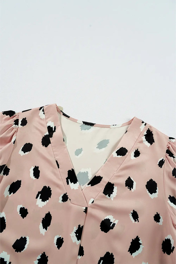 Khaki Classic Leopard V-Neck Bracelet Sleeve Blouse