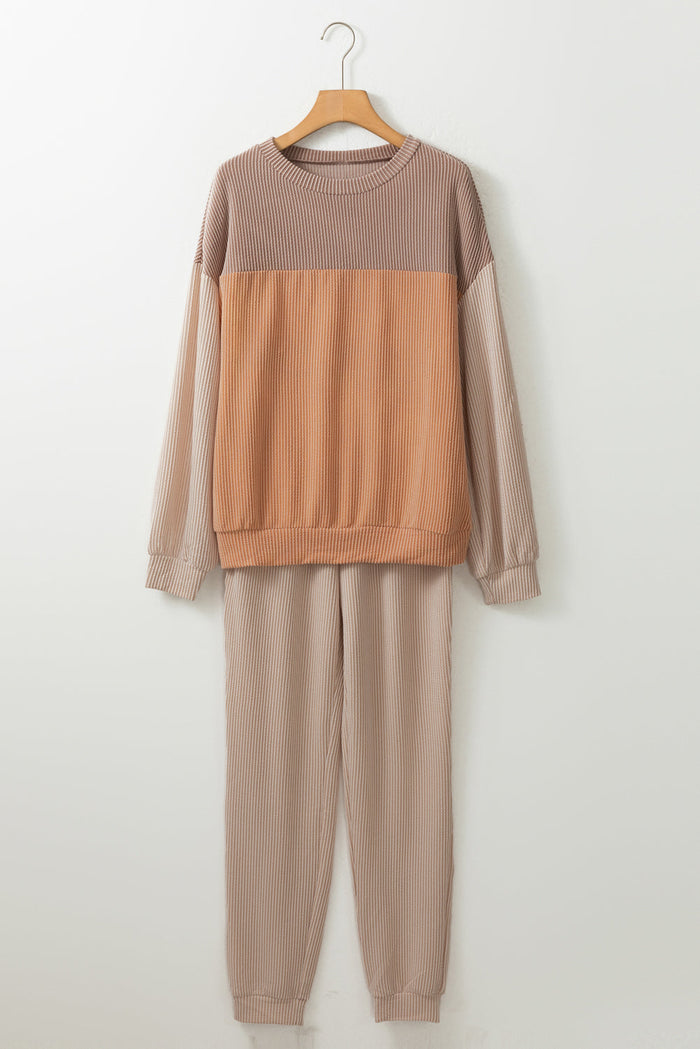 Khaki Ribbed 2pcs Colourblock Pullover and Trousers Outfit - Two Piece Sets/Pant Sets