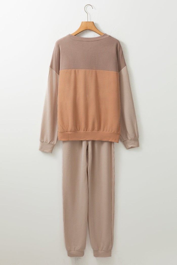 Khaki Ribbed 2pcs Colourblock Pullover and Trousers Outfit - Two Piece Sets/Pant Sets