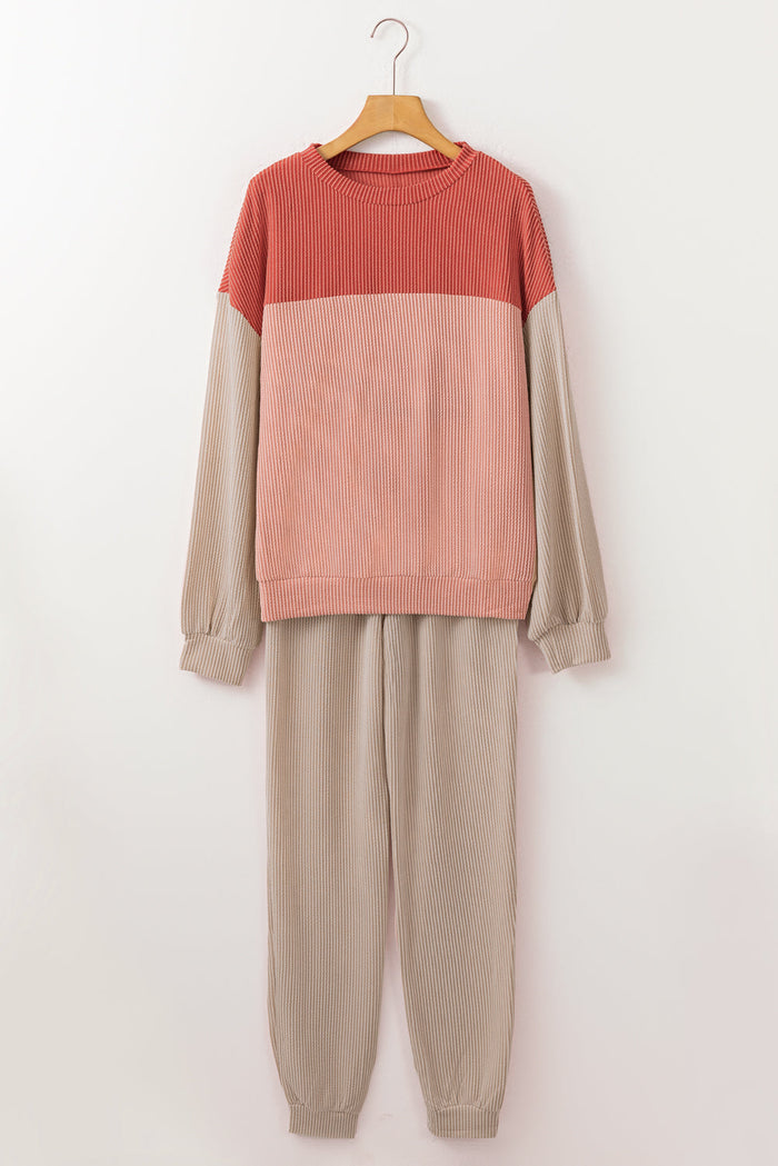 Khaki Ribbed 2pcs Colourblock Pullover and Trousers Outfit - Two Piece Sets/Pant Sets