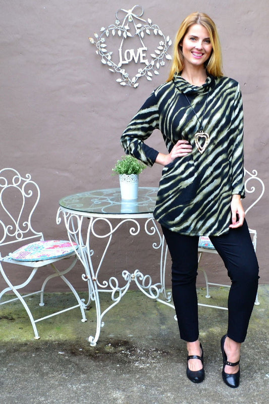 Khaki zebra print rolled neck tunic top by Willow Tree, featuring a relaxed fit and stylish design with a rolled neckline.